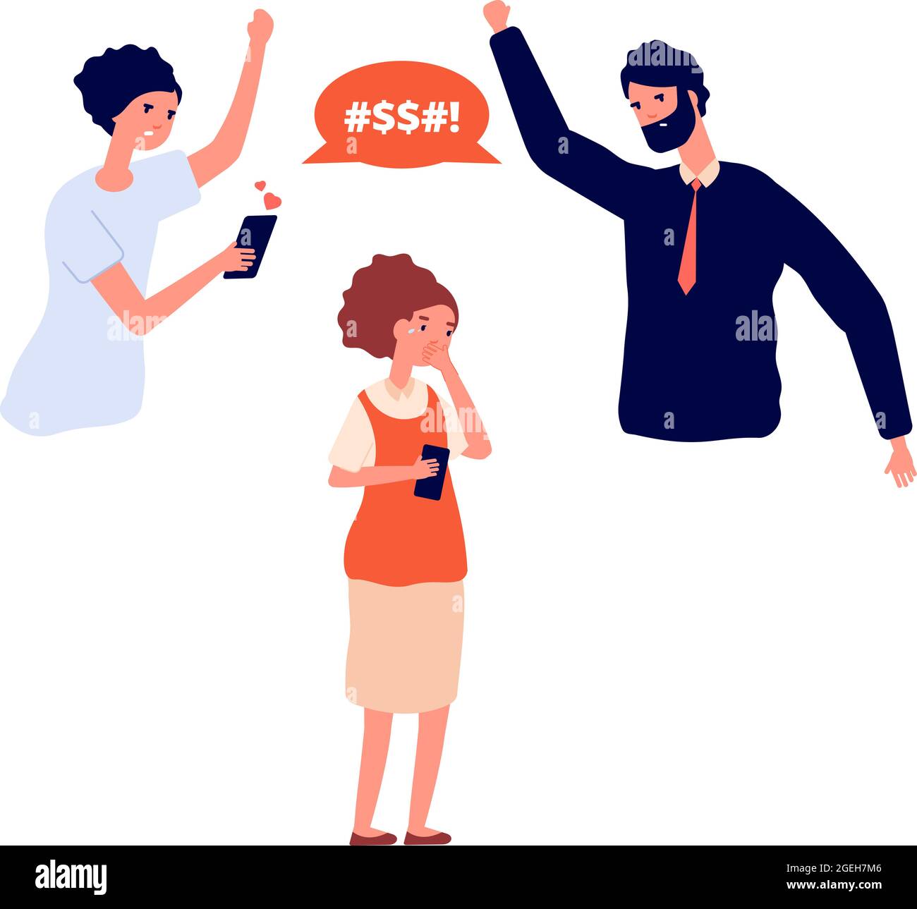Domestic violence. Family bullying on child, parents swear at kid. Girl crying, mom and dad scream. Adult aggressive behavior, social problems vector Stock Vector
