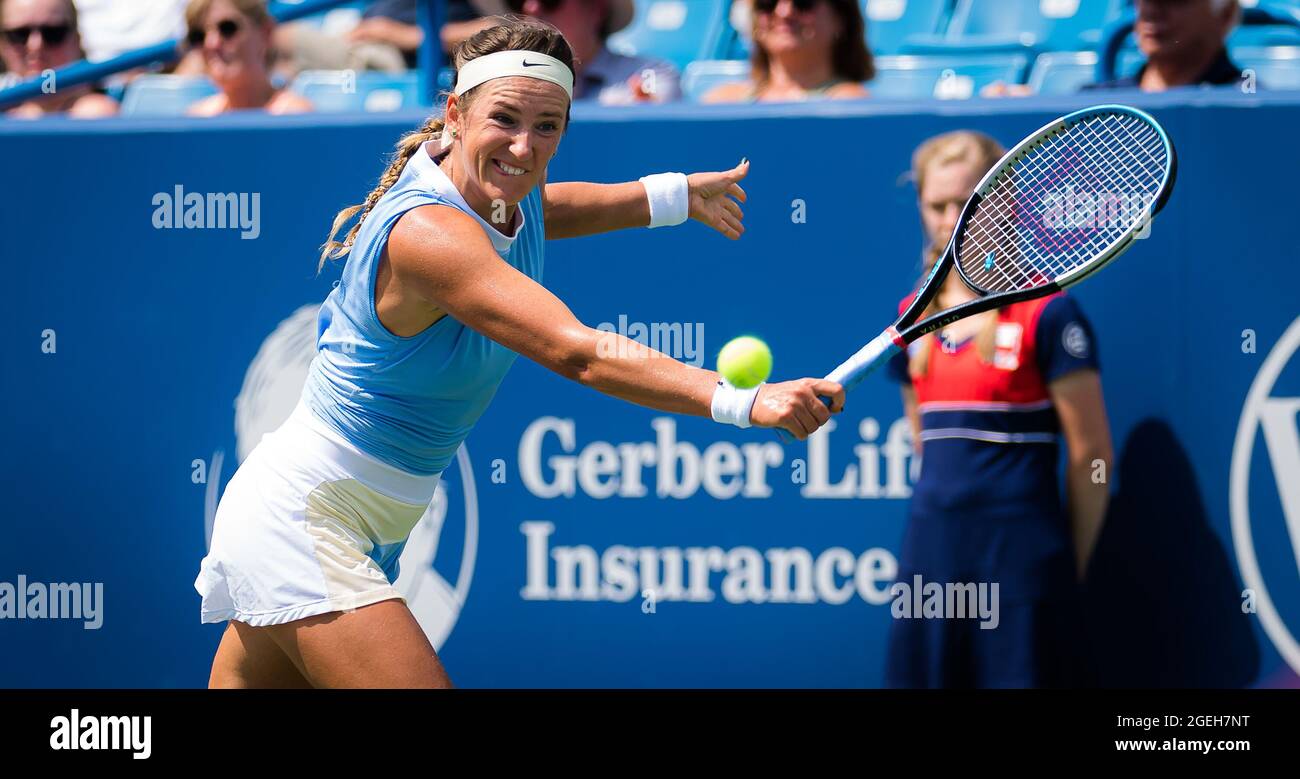 Victoria Azarenka of Belarus in action during the third round at the 2021  Western & Southern Open WTA 1000 tennis tournament against Ashleigh Barty  of Australia on August 19, 2021 at Lindner