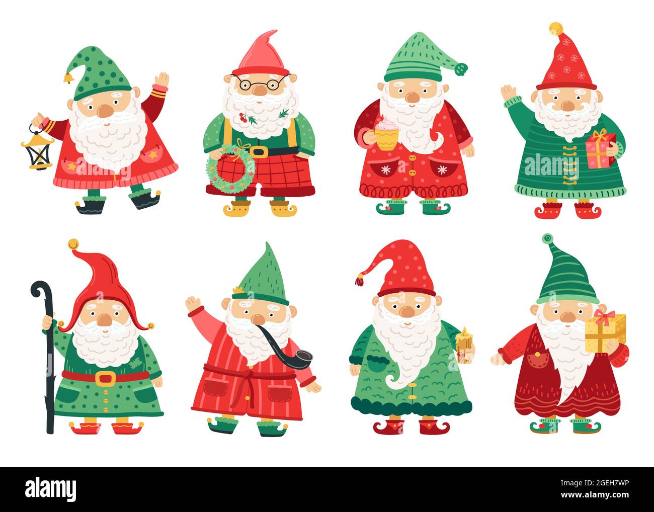 Christmas dwarfs. Cute fairytale gnome, old beard men greeting with x-mas. Home garden magical characters, winter holiday fantasy vector set Stock Vector