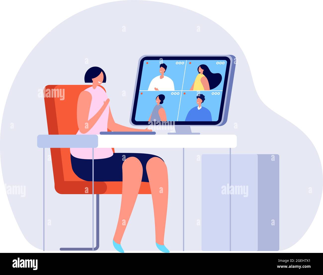Girl friends chat online. Girl sitting in a chair in front of a laptop and  speaks with friend. Video conference, online chat concept. Working or online  meeting from home. Vector flat illustration.
