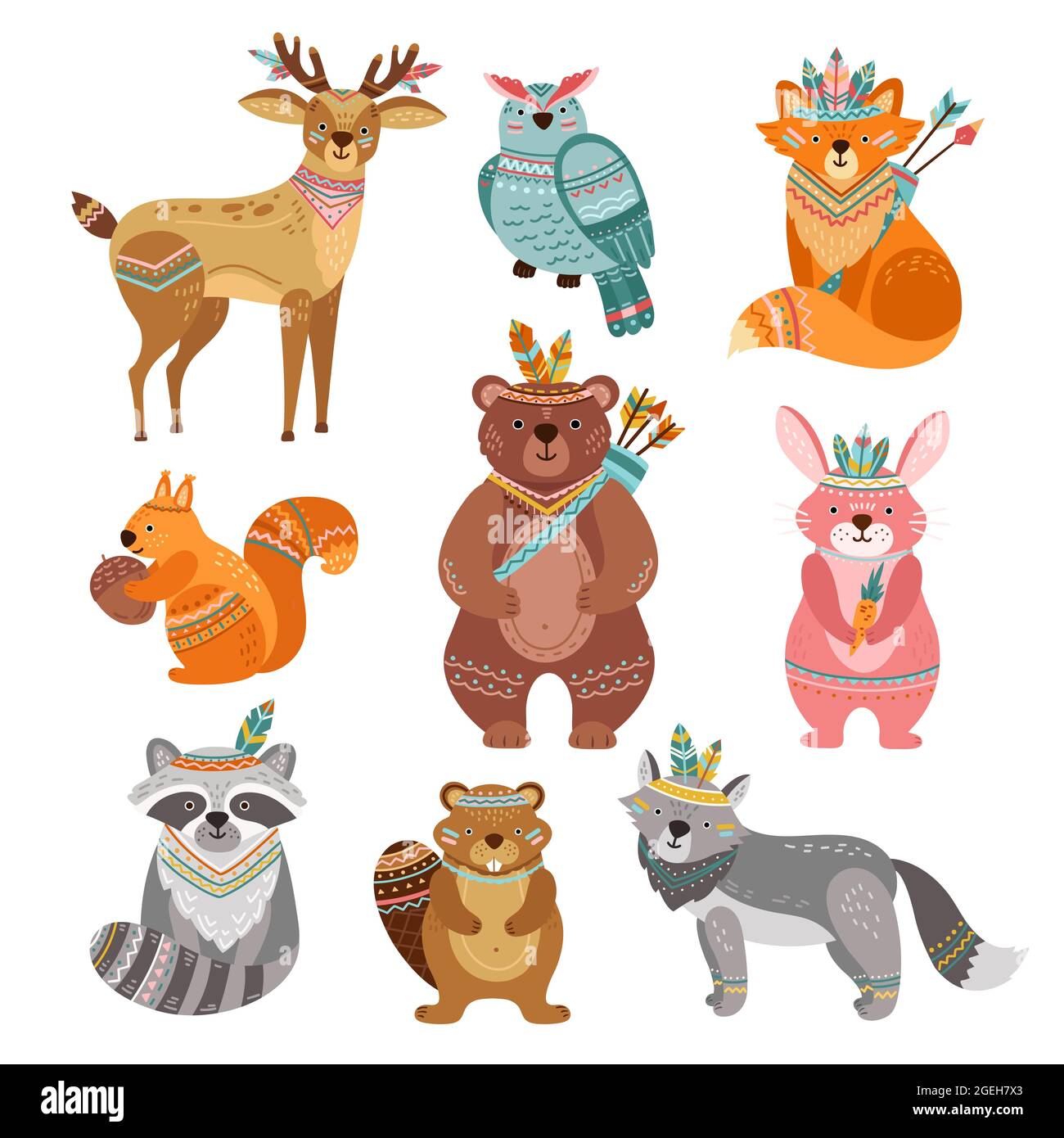 Cartoon tribal animals. Cute woodland illustration, boho fox wolf deer.  Brave forest bear, feather arrow, funny wildlife vector characters Stock  Vector Image & Art - Alamy