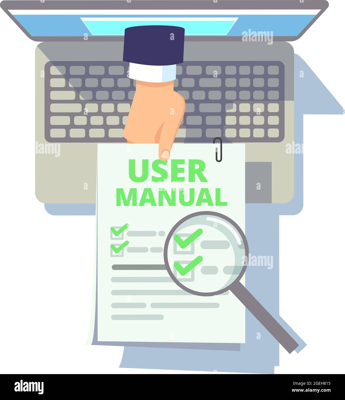 Online user guide. Web manual, hand from laptop screen holding instruction or info. Flat computer with booklet, client service vector illustration Stock Vector