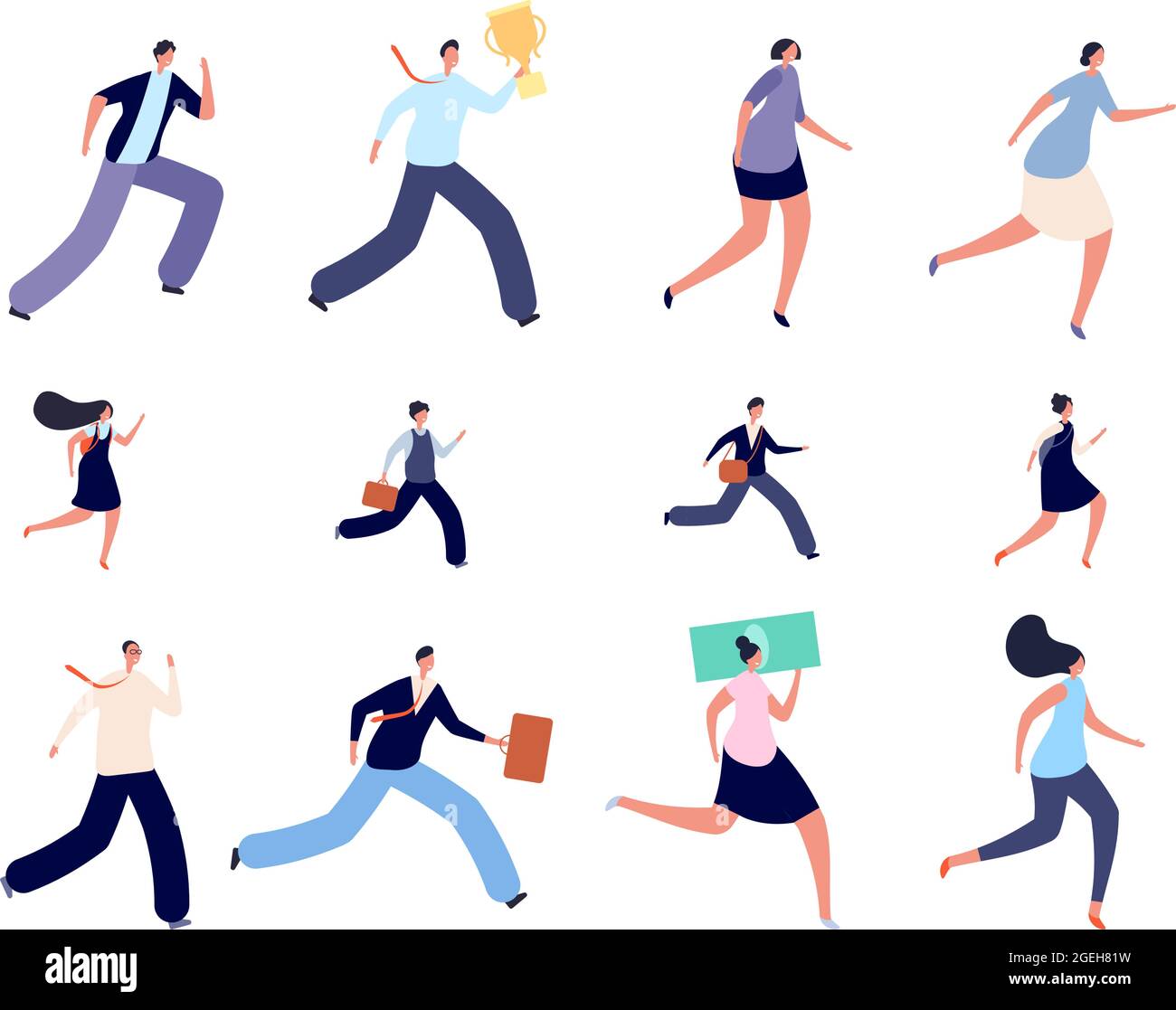 Business people run. Active hurry person, hurried kid student characters. Isolated running office person, runner to work or study vector set Stock Vector