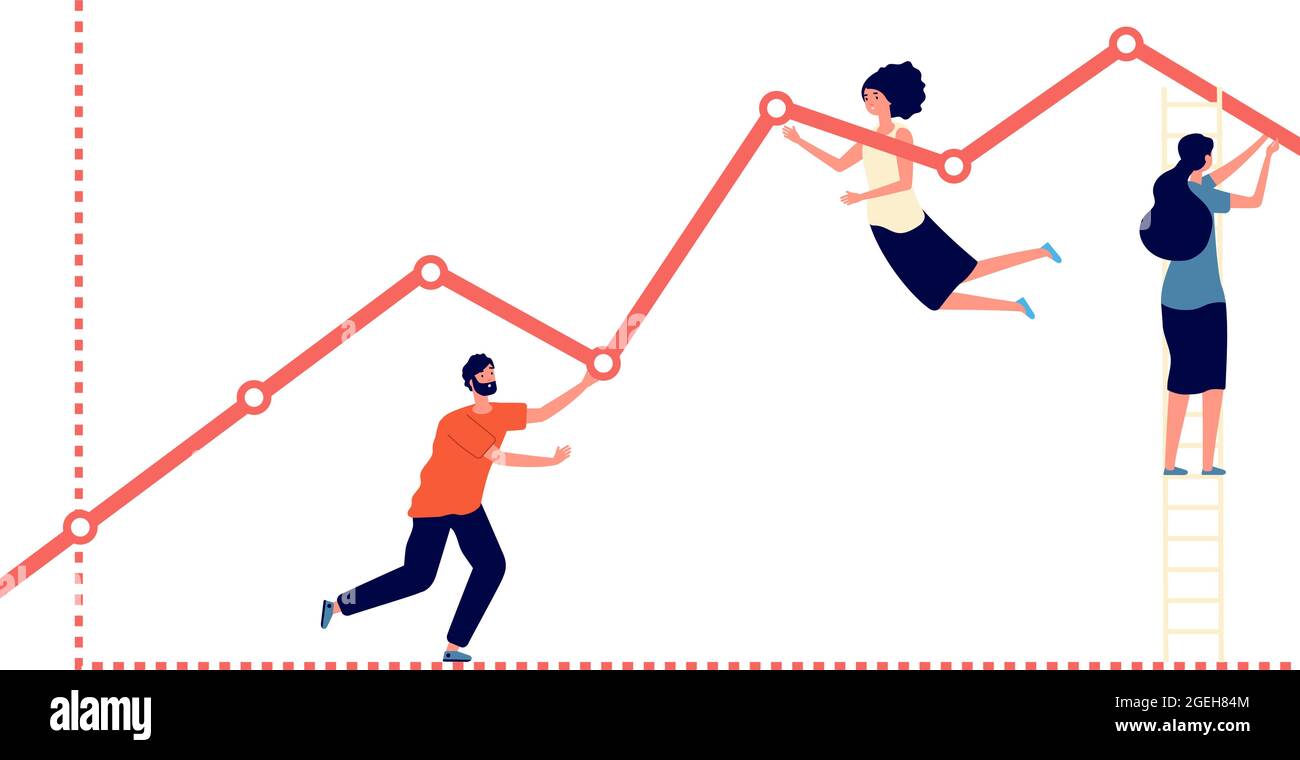 Pushing upward graph. Work results, increase profit and business growth metaphor. Flat people progress, teamwork and development vector concept Stock Vector