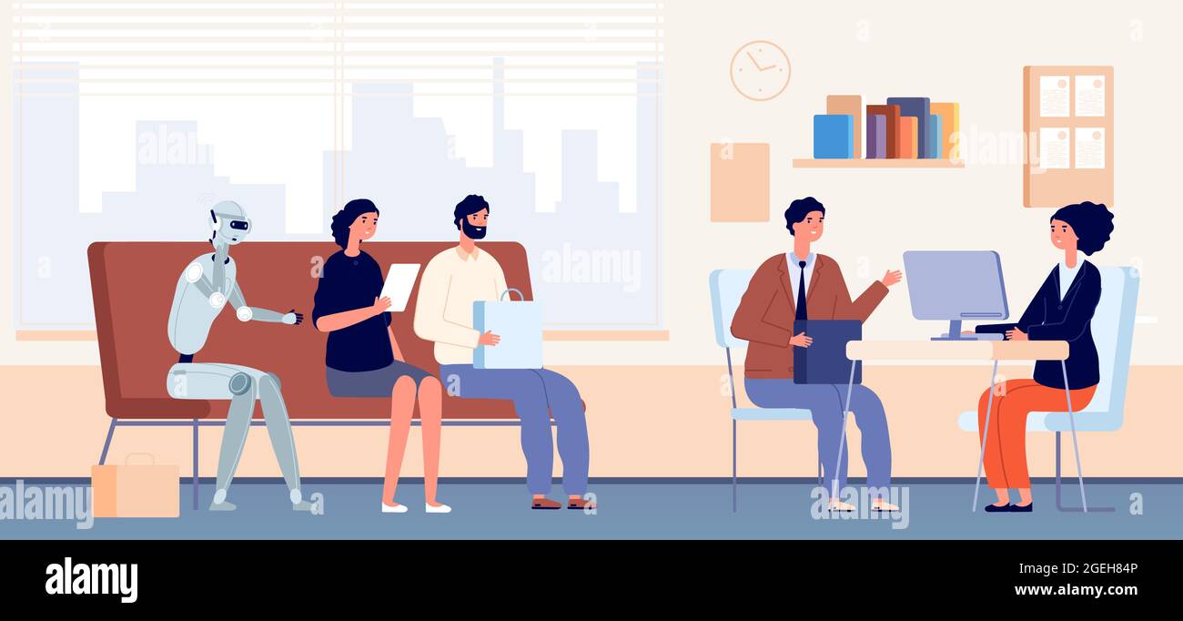 Job interview queue. People and robot sitting in waiting line in office. HR agency, recruitment and hiring concept. Robotization vector illustration Stock Vector