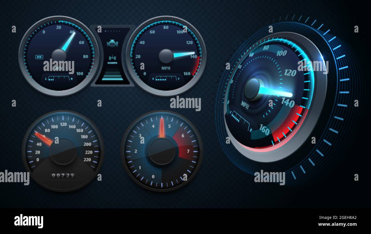 Realistic speedometer. Sport car dashboard, auto panel with arrows and