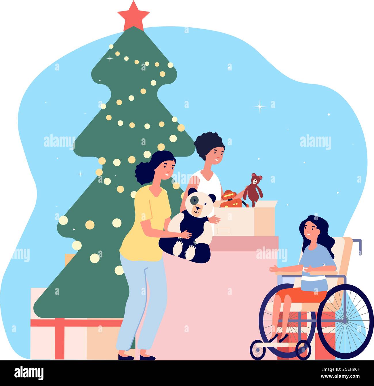 Christmas charity. Volunteers gift toy to disabled girl. Donations