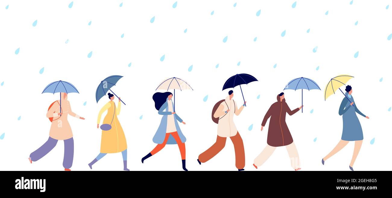 People walking rainy weather. Adult with umbrella, man girl walk on rain. Autumn season water drops, adult person go in storm vector concept Stock Vector