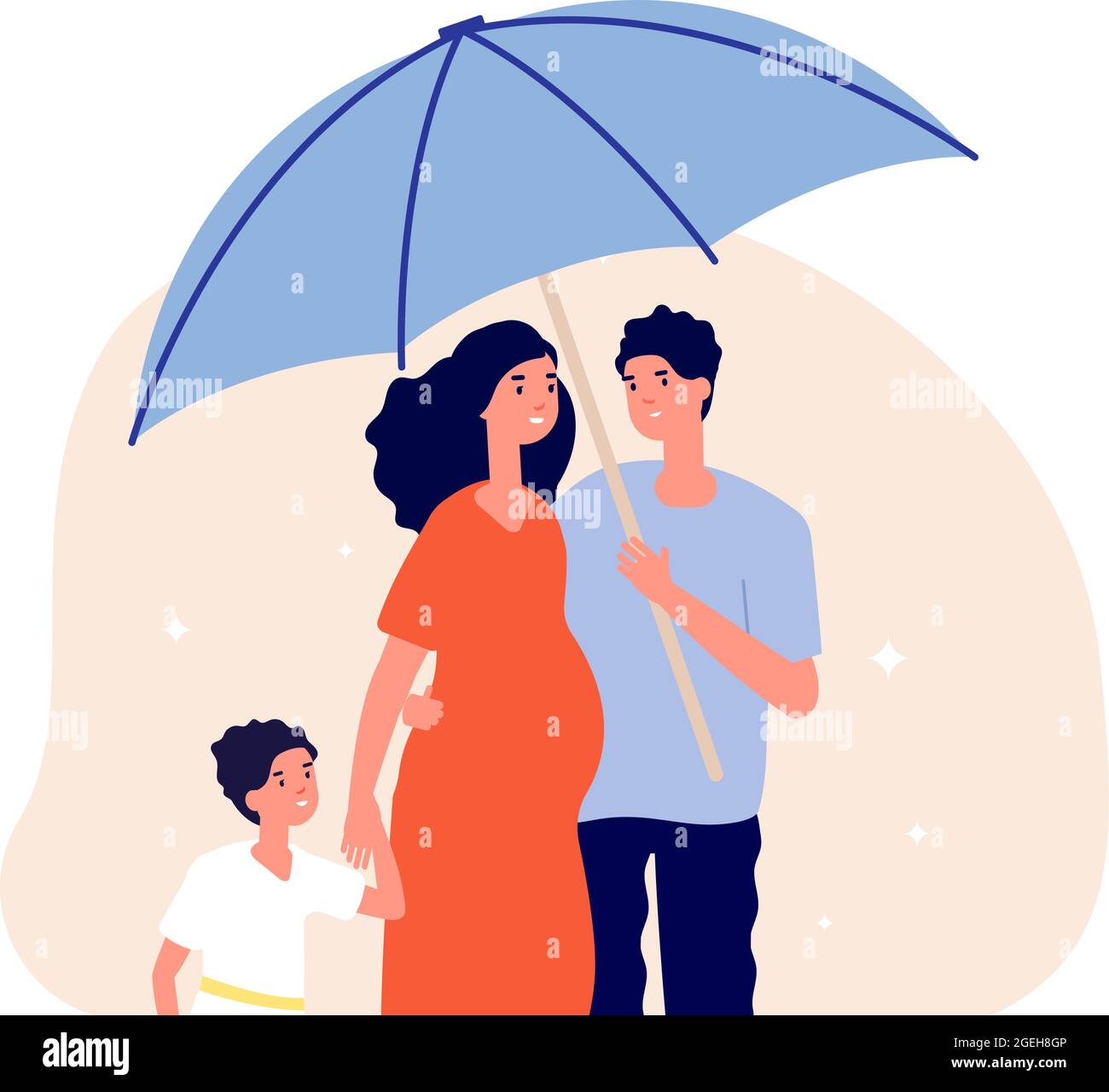 Family protection concept. Man holding umbrella under pregnant wife and son. Happy parents, adults and child. Life insurance, social protect metaphor Stock Vector
