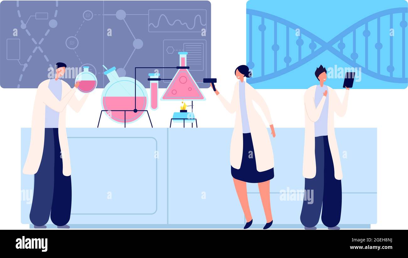 People in research laboratory. Lab testing, clinical women student education. Chemistry or pharmaceutical, medical science vector concept Stock Vector