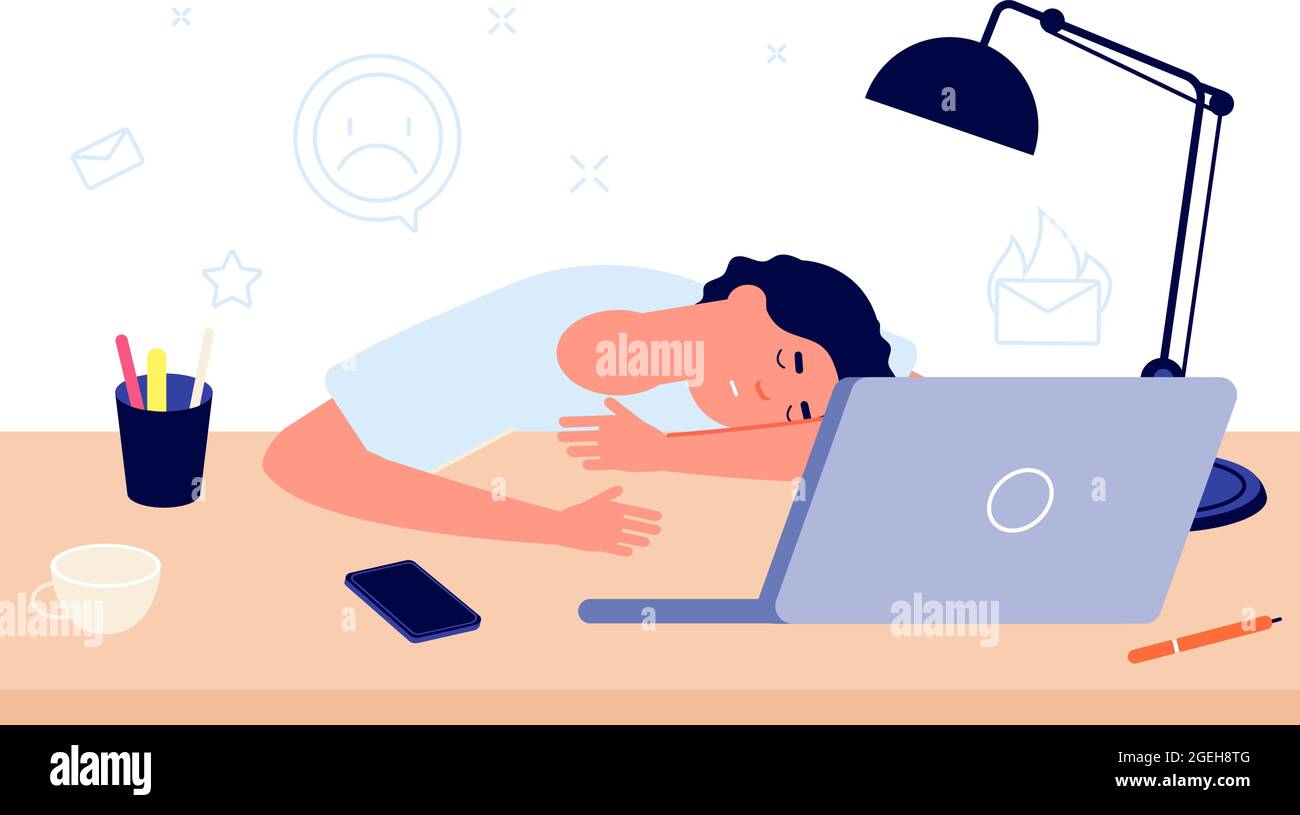 Burnout syndrome. Exhausted at work, tired man sleep at office desk. Stress  or frustrated, cartoon person overload concept. Worker fatigue Stock Vector  Image & Art - Alamy
