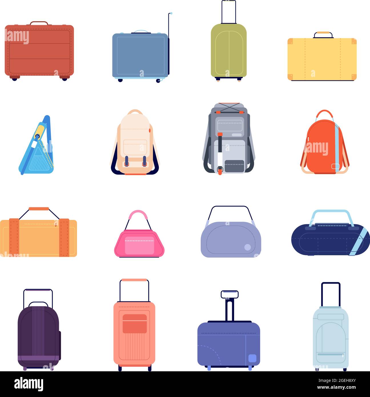 Travel luggage. Vacation suitcase, isolated backpack plastic tour baggage. Vintage flat briefcase bags, holiday business handbag vector set Stock Vector