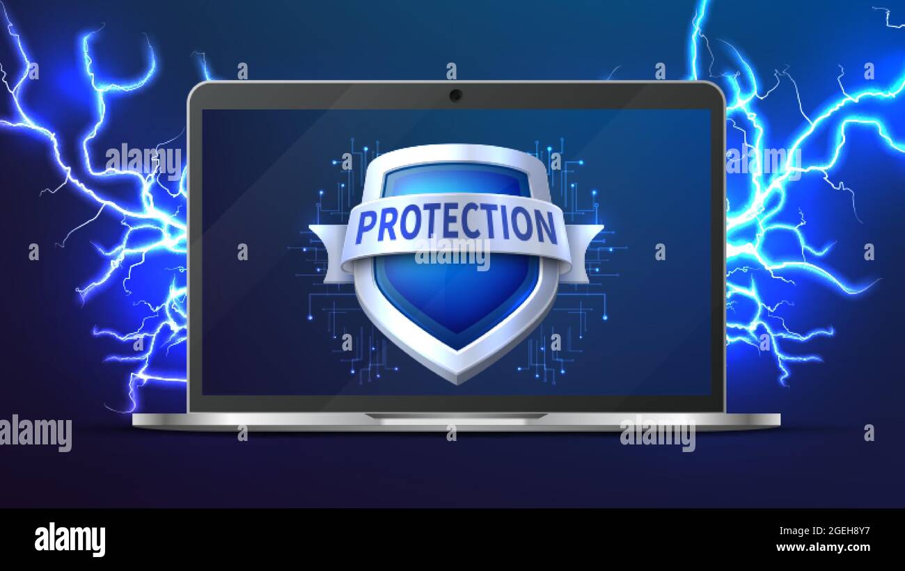 Laptop with protection shield. Data protect, realistic digital device mockup. Personal information security vector concept Stock Vector