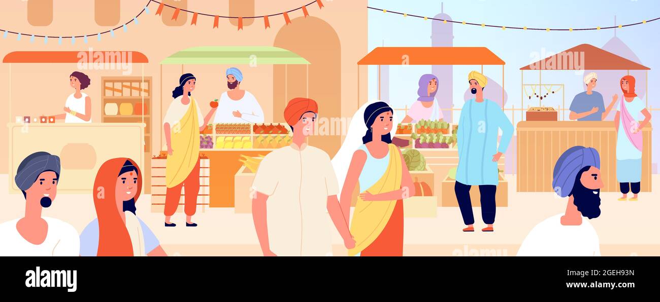 Asian street market. Asia girl, woman shopping on indian or arabic bazaar. Traditional goods marketplace, eastern travel vector illustration Stock Vector