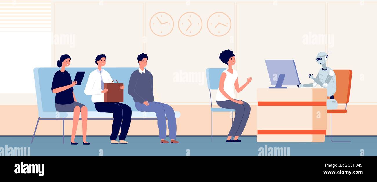 Robotization. Robot serve customers, android bank worker. People waiting line to support service in office vector illustration Stock Vector
