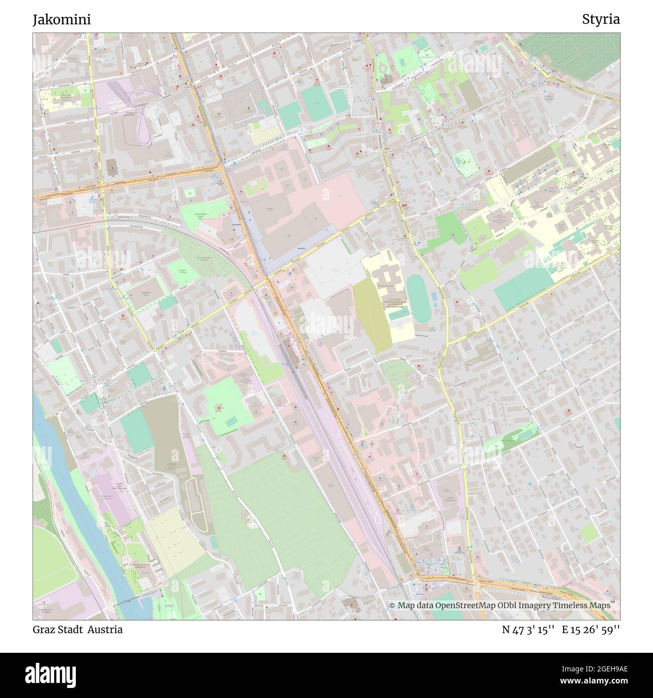 Jakomini, Graz Stadt, Austria, Styria, N 47 3' 15'', E 15 26' 59'', map, Timeless Map published in 2021. Travelers, explorers and adventurers like Florence Nightingale, David Livingstone, Ernest Shackleton, Lewis and Clark and Sherlock Holmes relied on maps to plan travels to the world's most remote corners, Timeless Maps is mapping most locations on the globe, showing the achievement of great dreams Stock Photo