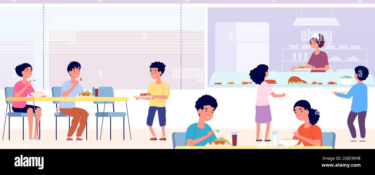School canteen. Kids lunch, eating cafeteria room with friends. Students take food drink in cafe. Public college dining hall vector concept Stock Vector