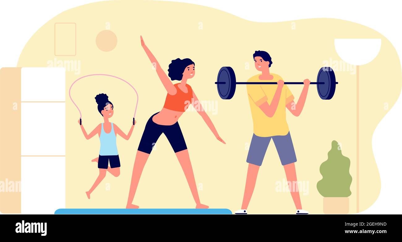 Family sporting at home. Exercise training, sport workout indoor. Woman man kid active morning life, healthy mom father vector illustration Stock Vector