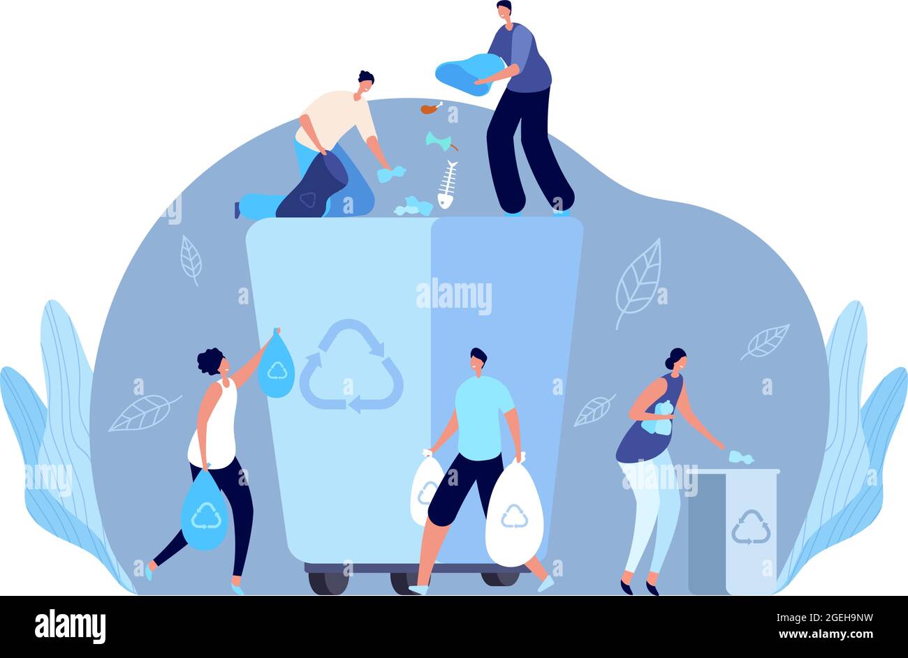 Garbage recycling concept. Person recycling waste, flat people clean