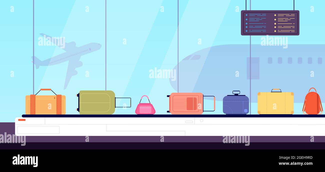 Luggage on belt. Flat color suitcases, airport conveyor and vacation