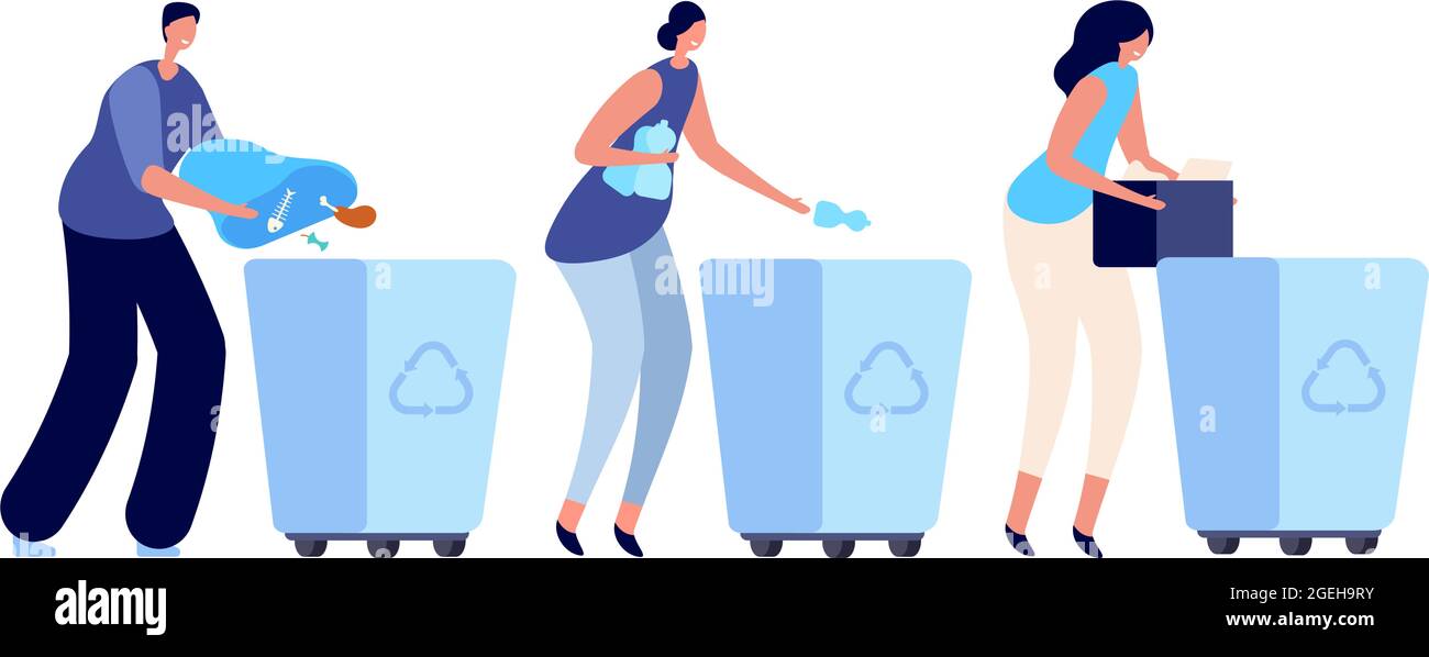 Person sorting garbage. Recycling dustbin, container for waste. Young people lifestyle, ecology activist gathering plastic vector concept Stock Vector