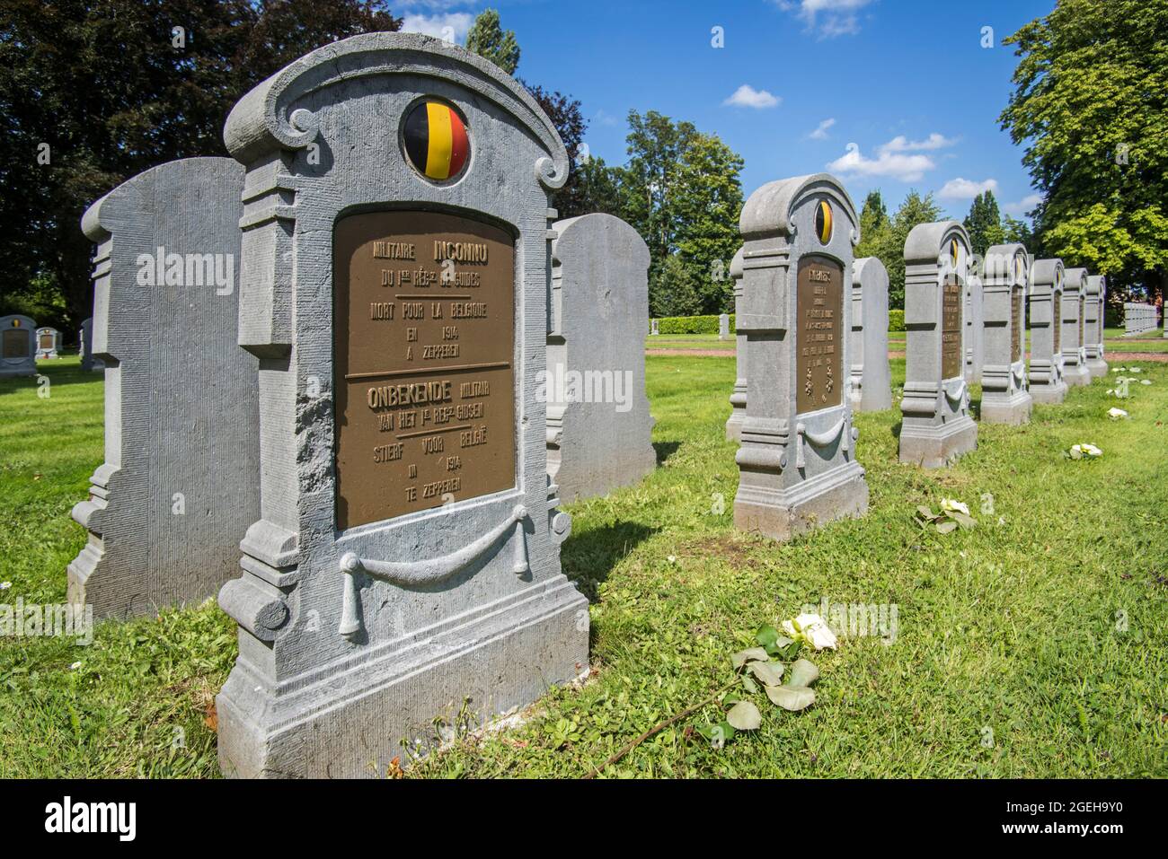 WWI graves / tombstones at the Belgian military cemetery of the Battle of the Silver Helmets / Slag der Zilveren Helmen, Halen, Limburg, Belgium Stock Photo