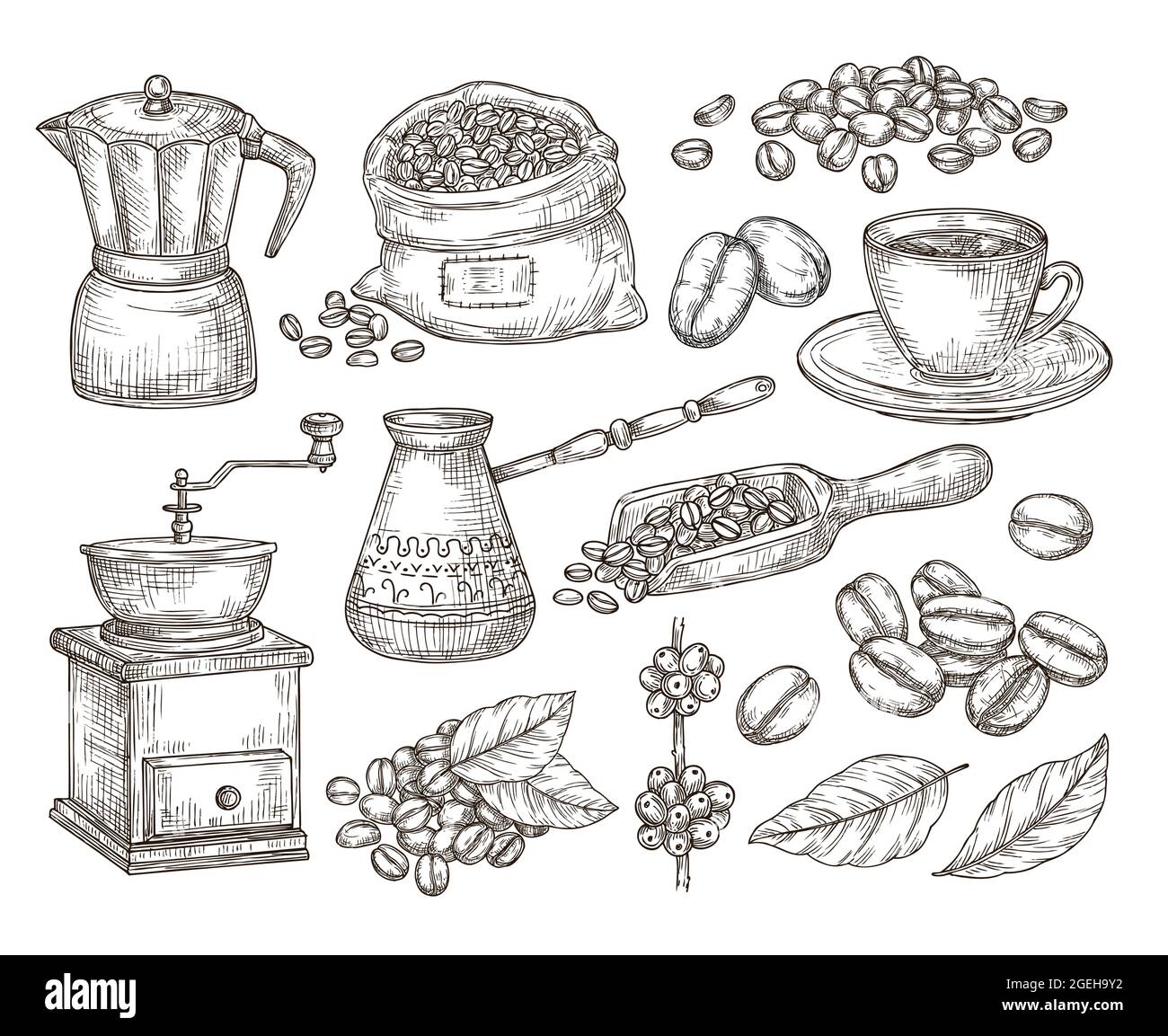 Coffee Shop Maker Equipment Tools Vector Sketch Icons Cup, Beans