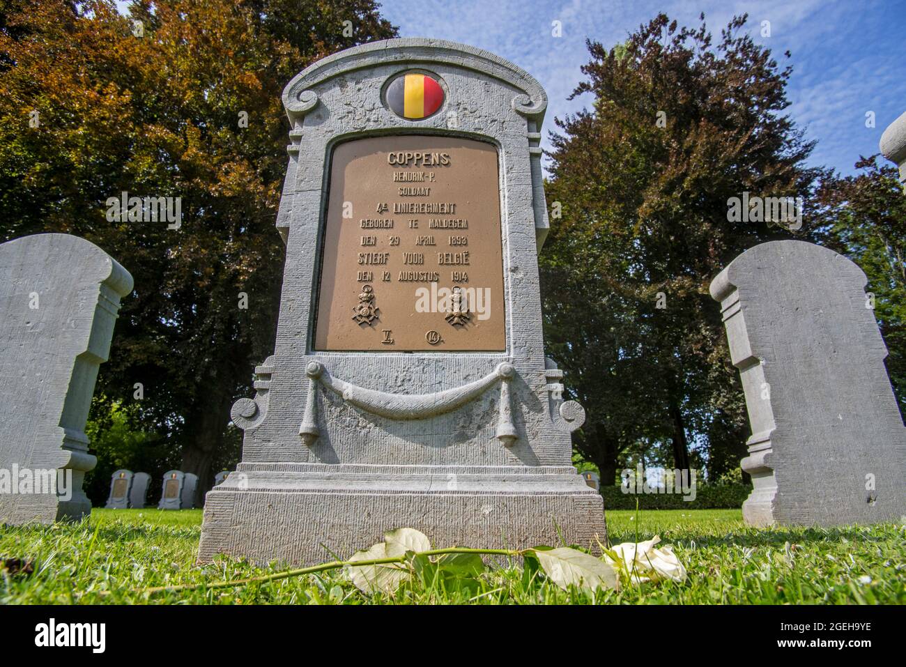 WWI grave / tombstone at the Belgian military cemetery of the Battle of the Silver Helmets / Slag der Zilveren Helmen, Halen, Limburg, Belgium Stock Photo