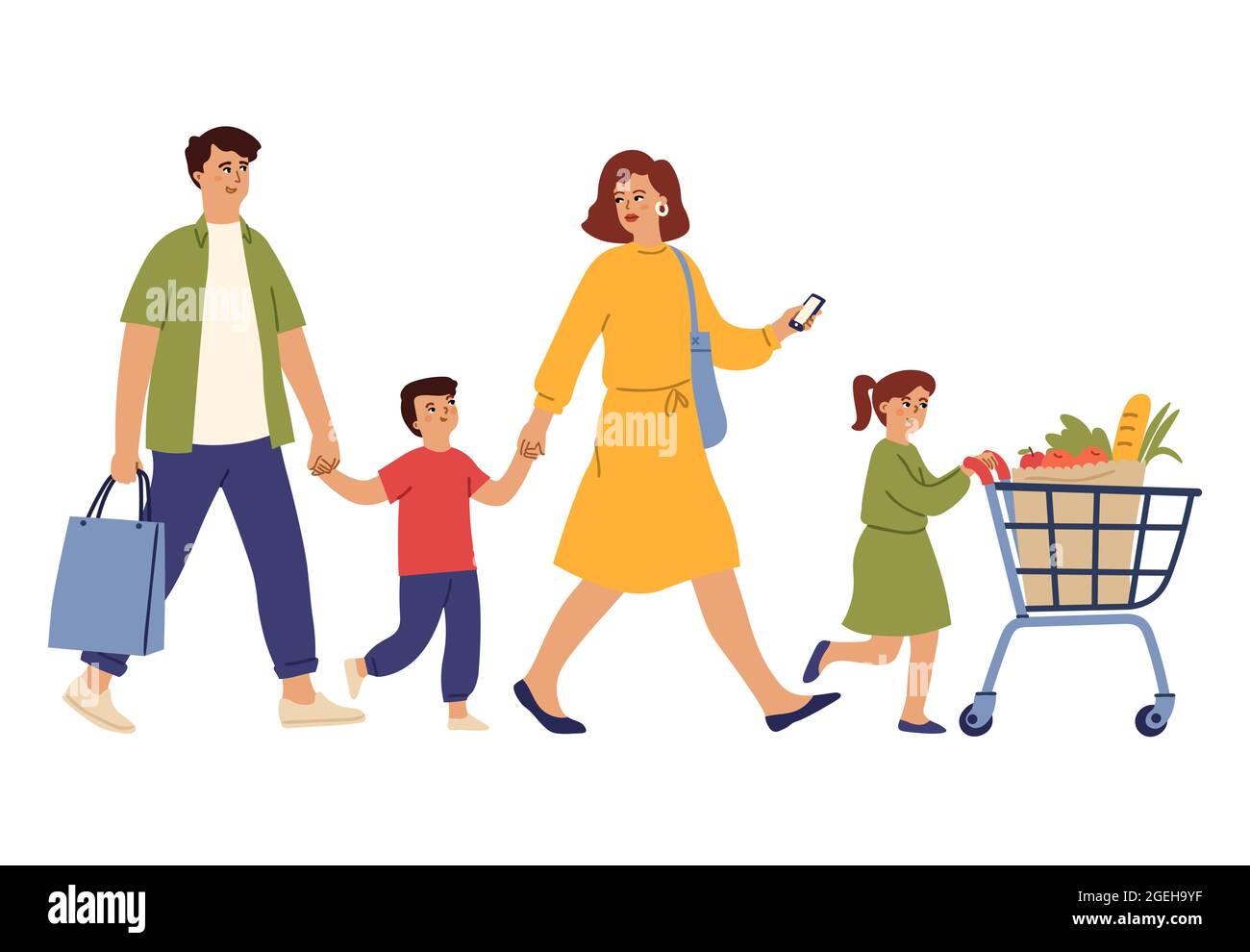 Family on shopping. Grocery store, woman man in supermarket with cart