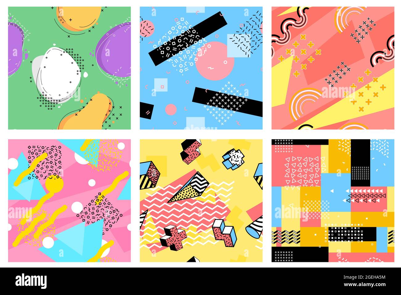 Memphis seamless pattern. Hipster postcards, fashion pop art elements design. Children fun print, 80s color graphic vector seamless texture Stock Vector