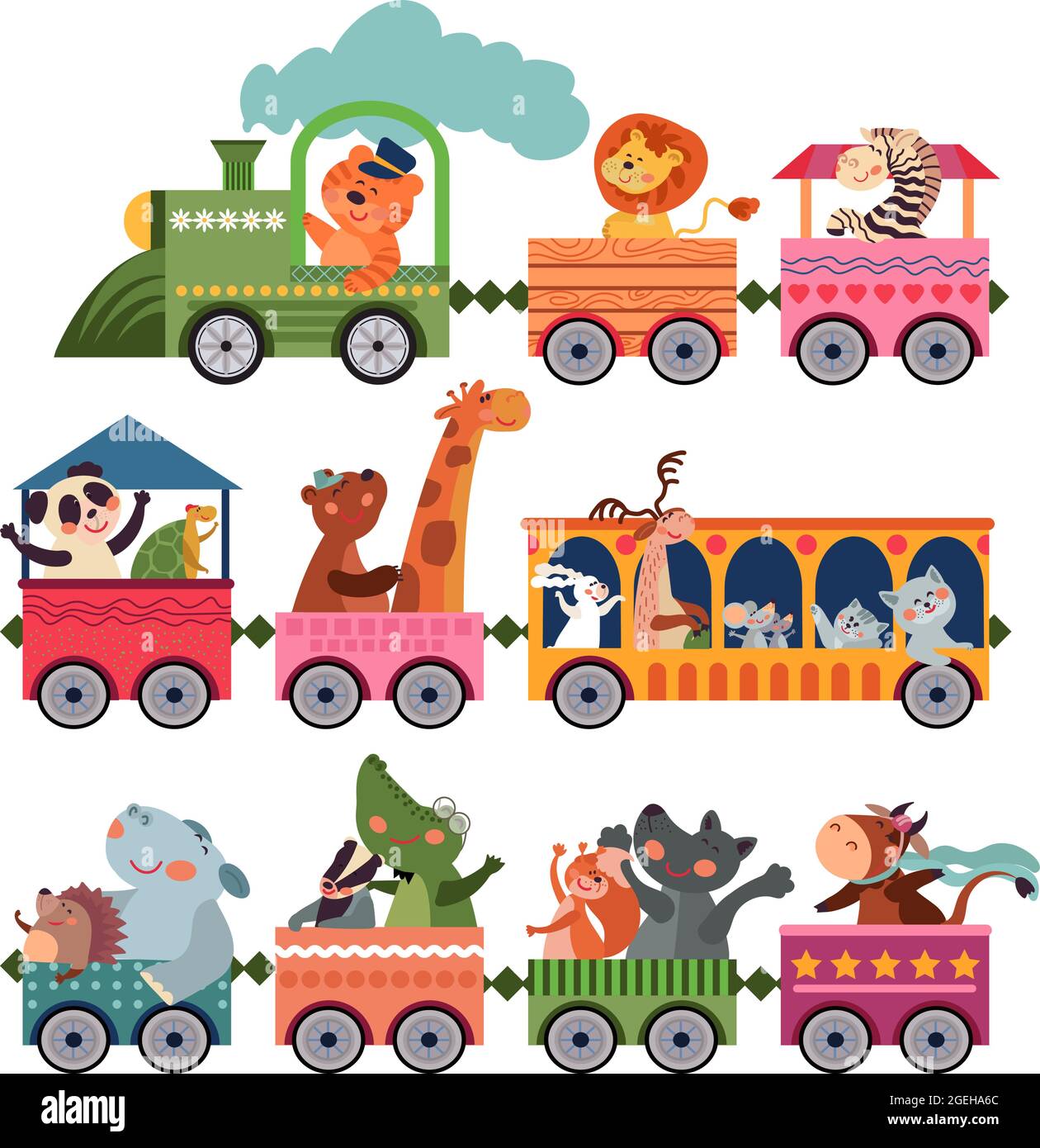 Cute animals train. Playful children zoo, trains with cute cartoon giraffe tiger lion. Kid birthday characters, funny travel vector concept Stock Vector