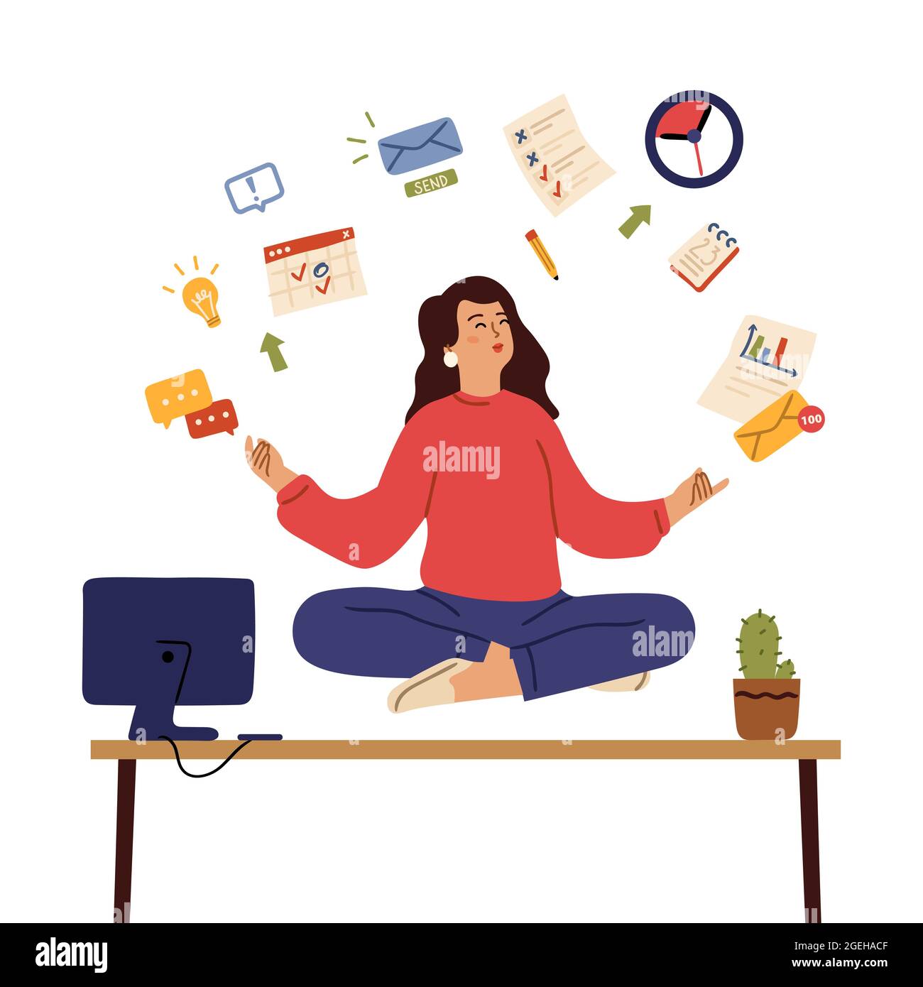 Business woman meditate. Calm emotions, healing body and mind on office. Girl control stress with yoga meditation, balance vector concept Stock Vector
