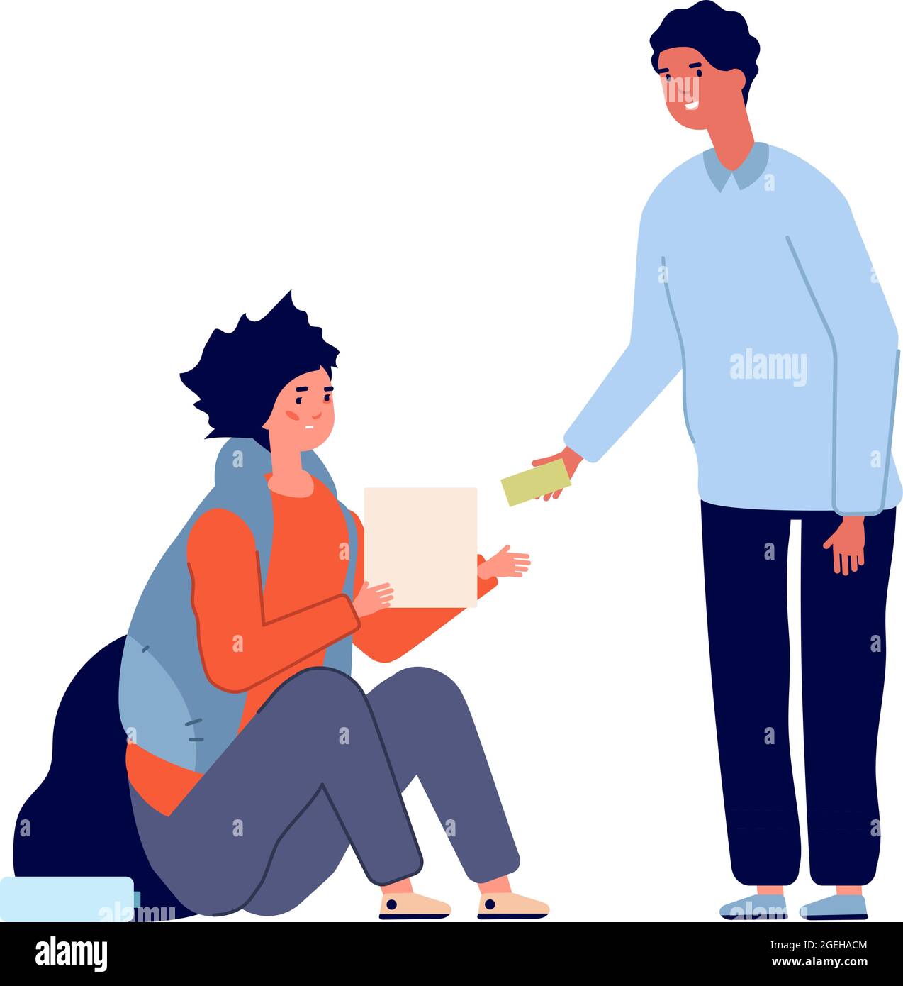 Alms concept. Social inequality, rich man and poor woman. Homeless people need help, charity or donation vector illustration Stock Vector