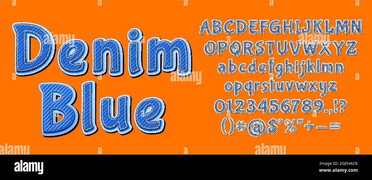 Denim font. Kids comic canvas letters, cartoon jeans decoration alphabet.  Cloth fabric decor, stitched casual typeface recent vector graphic Stock  Vector Image & Art - Alamy