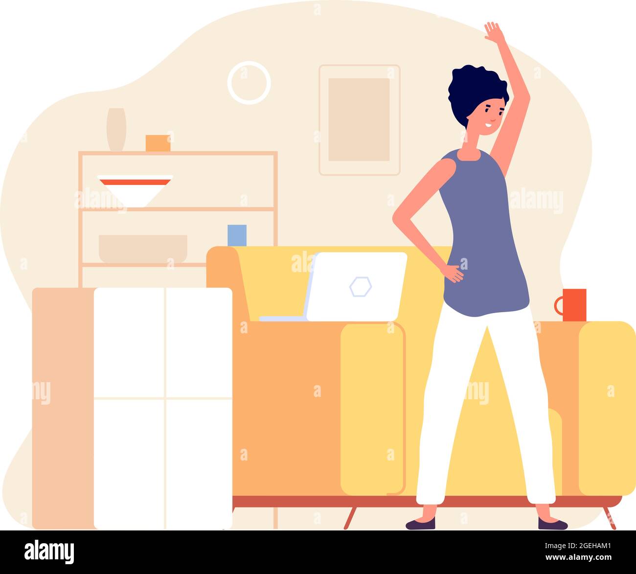 Office syndrome. Stretching exercise, neck back shoulder stretch. Sitting work  from home, fitness workout for freelancer vector illustration Stock Vector  Image & Art - Alamy