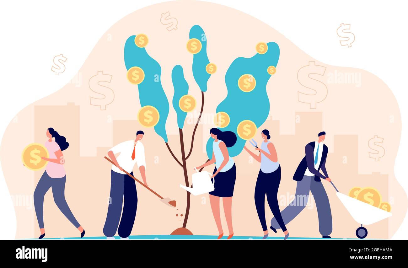 People growth money. Investment bankers, financial income profit metaphor. Cartoon coins on tree, successful business utter vector concept Stock Vector