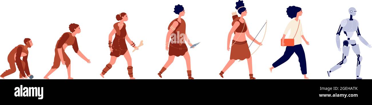 Evolution of woman. Human growth, cartoon business human and primitive caveman. Homo development from ape to lady robot utter vector concept Stock Vector