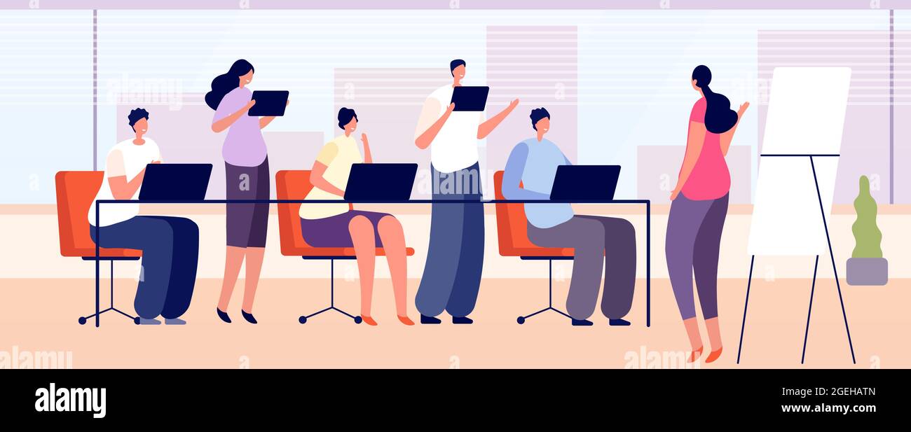 Office training team. Business staff learning, people group coach with presentation. Company managers meeting interview utter vector concept Stock Vector