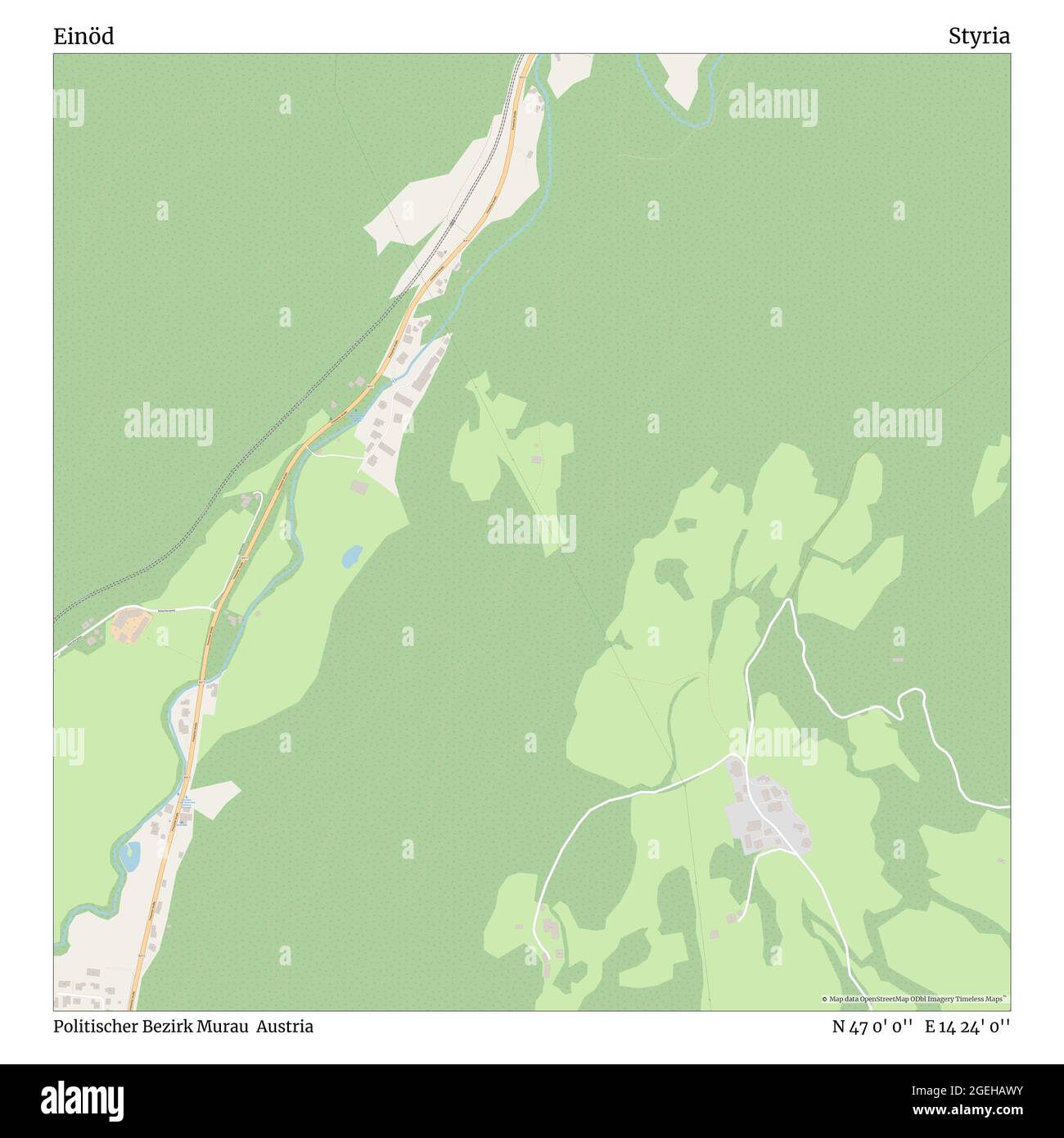Einöd, Politischer Bezirk Murau, Austria, Styria, N 47 0' 0'', E 14 24' 0'', map, Timeless Map published in 2021. Travelers, explorers and adventurers like Florence Nightingale, David Livingstone, Ernest Shackleton, Lewis and Clark and Sherlock Holmes relied on maps to plan travels to the world's most remote corners, Timeless Maps is mapping most locations on the globe, showing the achievement of great dreams Stock Photo