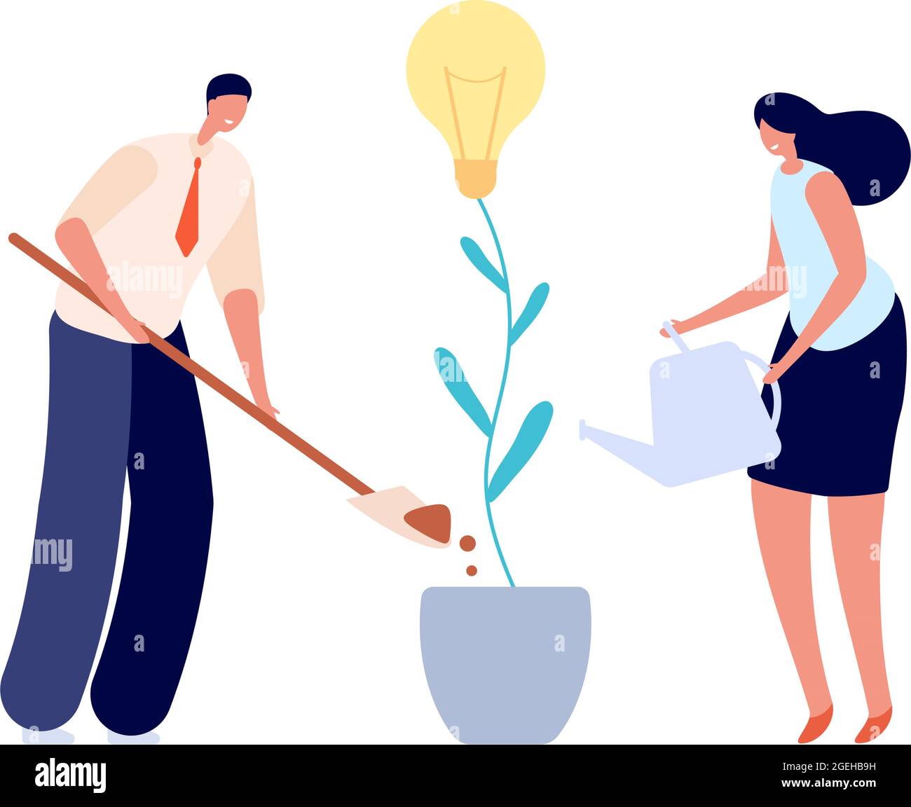 People growth idea. Growing innovation, teamwork or investment in future metaphor. People planting business support utter vector concept Stock Vector