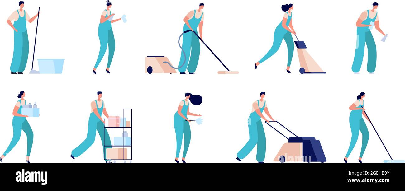Cleaning staff. Cleaners characters, commercial house maid service