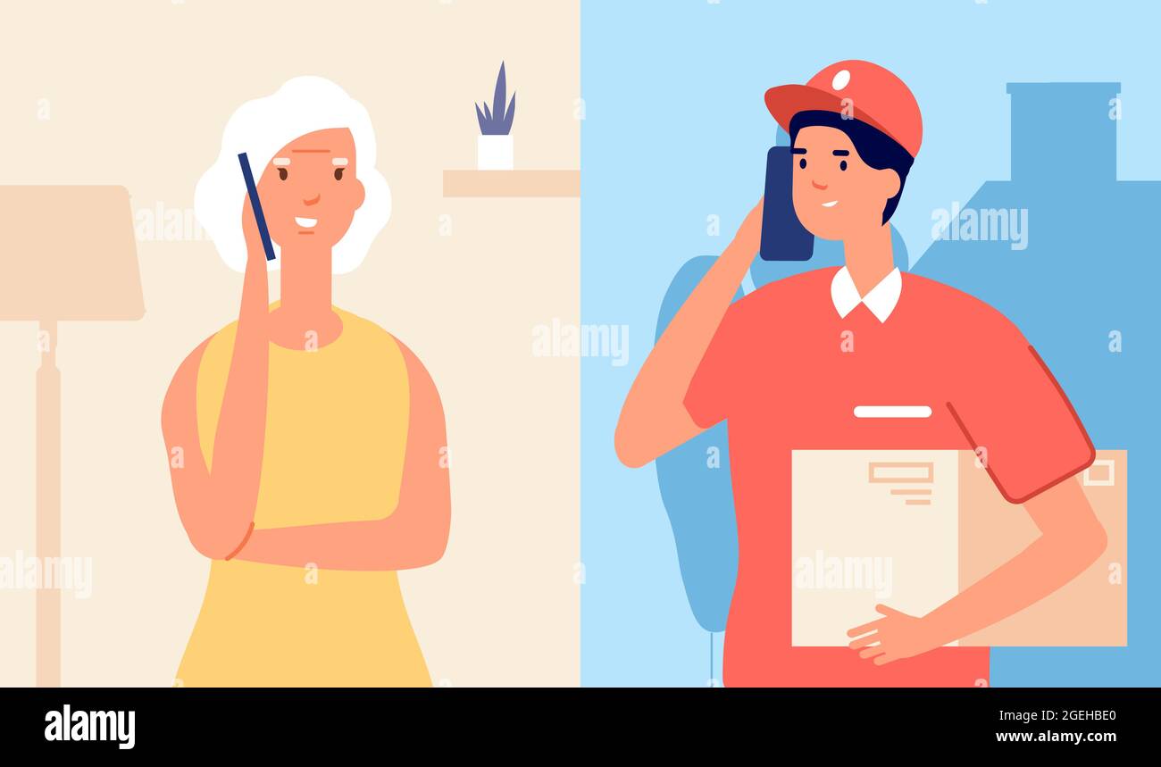 Call to delivery man. Woman talking on smartphone with boy in uniform. Waiting parcel, contactless bringing to home. Mobile communication and smart Stock Vector