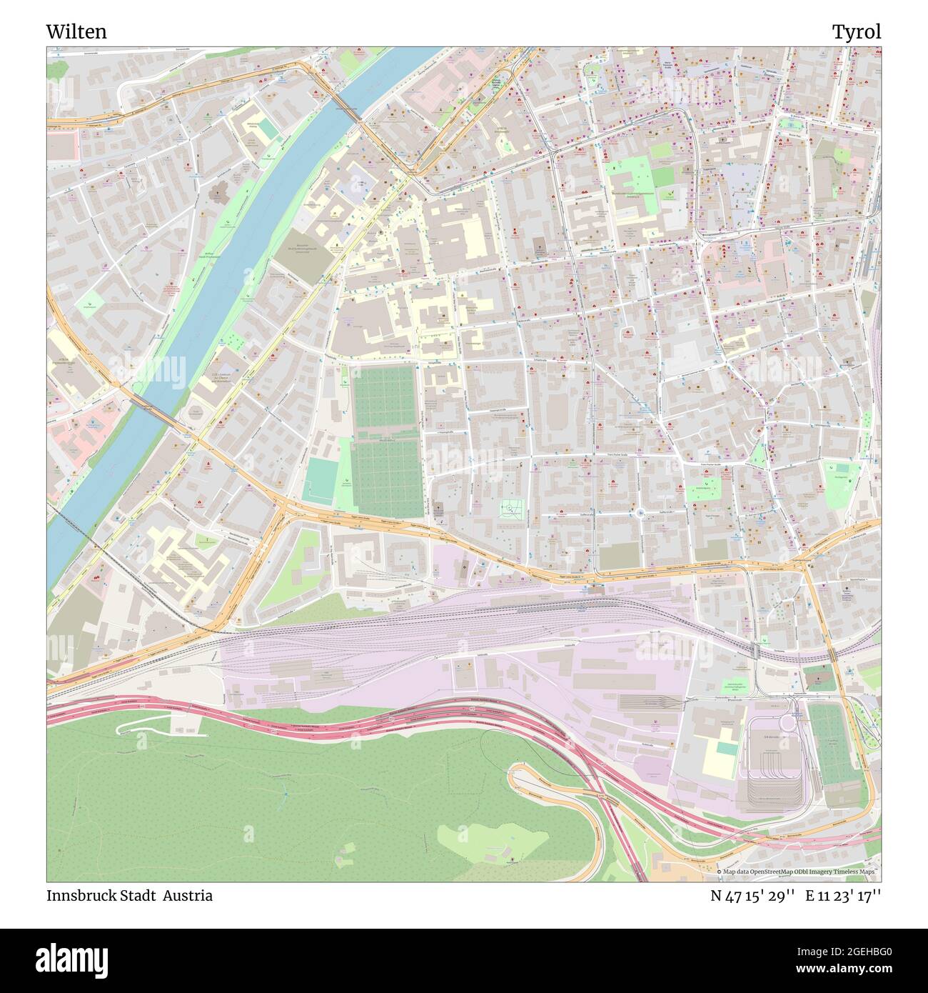 Wilten, Innsbruck Stadt, Austria, Tyrol, N 47 15' 29'', E 11 23' 17'', map, Timeless Map published in 2021. Travelers, explorers and adventurers like Florence Nightingale, David Livingstone, Ernest Shackleton, Lewis and Clark and Sherlock Holmes relied on maps to plan travels to the world's most remote corners, Timeless Maps is mapping most locations on the globe, showing the achievement of great dreams Stock Photo