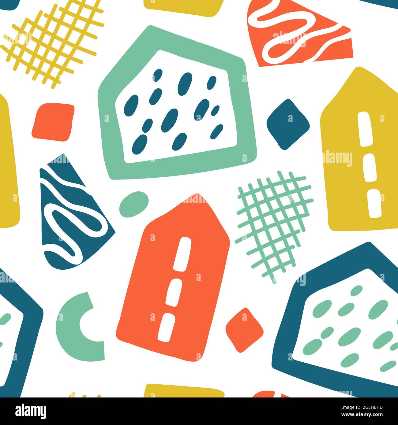 Doodle geometric background. Hand drawn buildings, colorful houses and abstract shapes pattern. Trendy fashion elements vector seamless texture Stock Vector