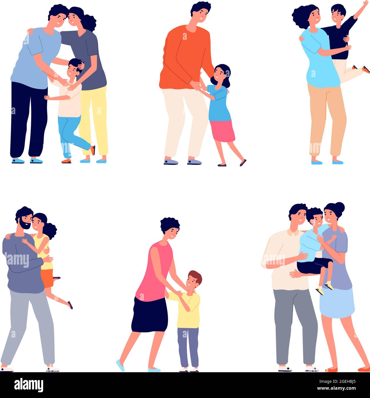Parents hugging child. Family embracing, dad mom hug daughter. Friendship romantic relationship, adult holding baby utter vector characters Stock Vector