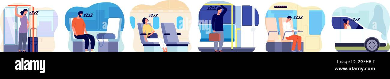 Tired people in transport. Morning woman, sad man in public bus, train. Person sleep on driving, sleepy adult after work utter vector concept Stock Vector