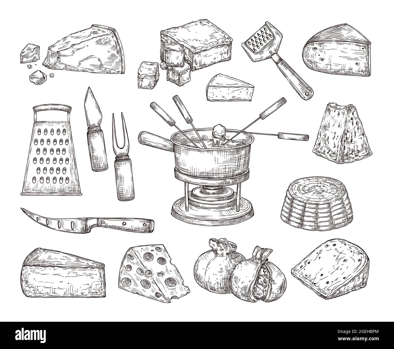 Different cheese. Recipe ingredients, fondue meal sketch and cutlery