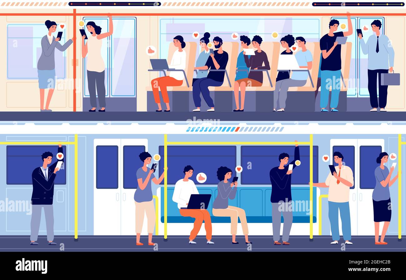 People in public transport. Crowd in train, person using gadgets in subway bus. City transportation, no utter social distance vector concept Stock Vector