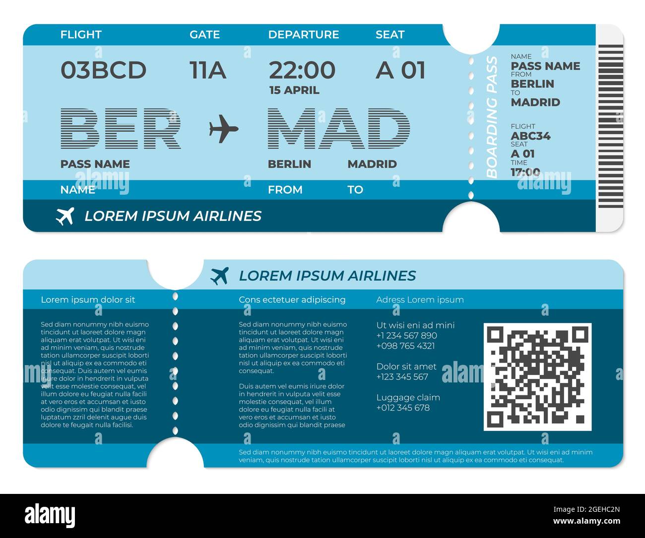 Realistic boarding pass. Airplane ticket template, flight blank invitation front and back view. Isolated travellers flyers recent vector set Stock Vector