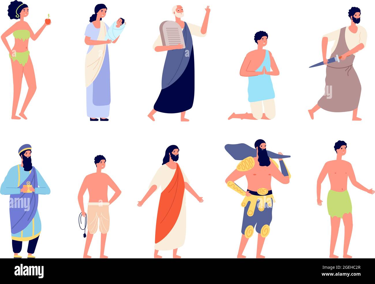 Holy bible characters. Legendary man, christian religion persons. Jesus christ, biblical newborn birth and spiritual king utter vector set Stock Vector